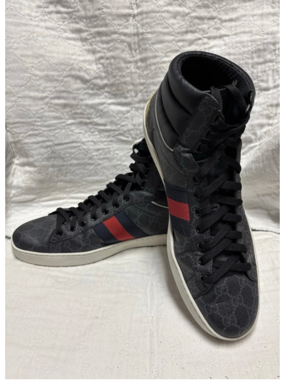 Authentic Gucci Ace GG High Top Sneakers Black Supreme Canvas Monogram Size 11.5